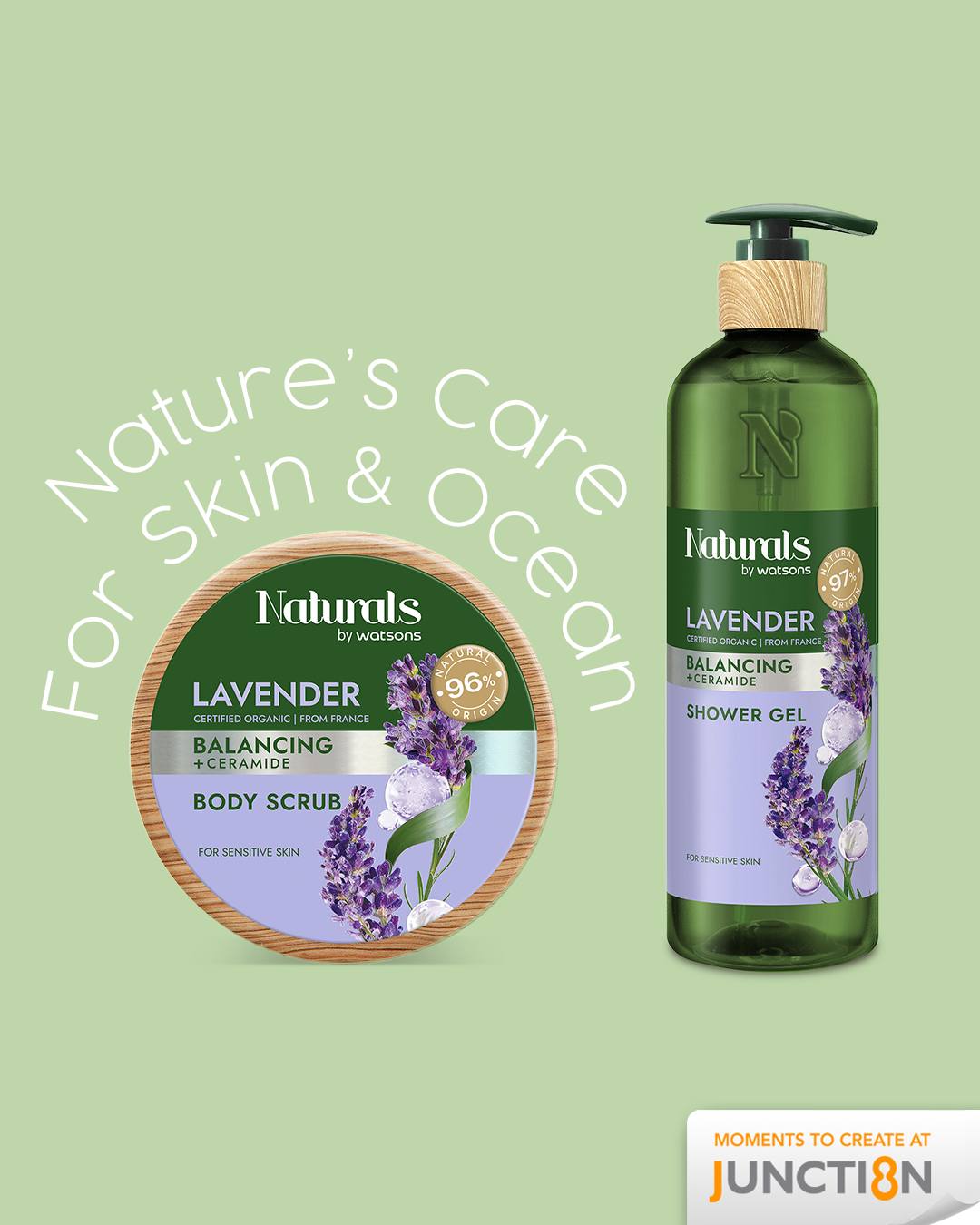 Naturals by Watsons Lavender Shower Gel and Body Scrub in ocean-bound plastic bottles