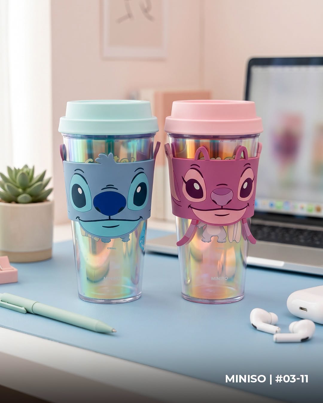 MINISO x Stitch tumblers in mint blue and pink designs