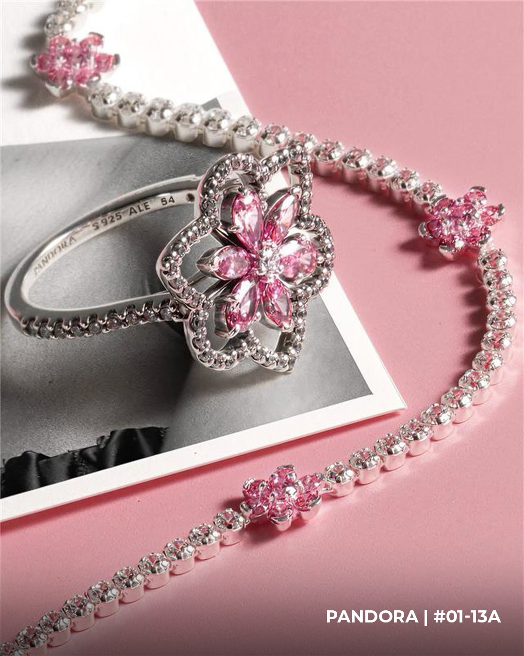 Pandora Double Flower Cocktail Ring and Pink Flower Tennis Necklace