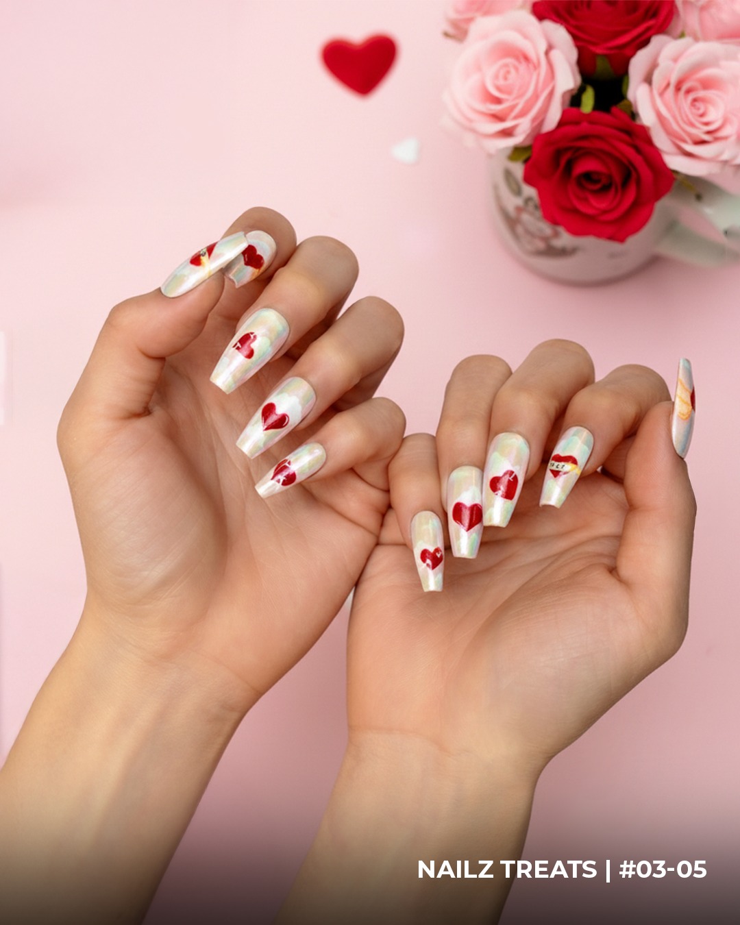 Elegant Valentine's Day nail art designs featuring romantic heart motifs.