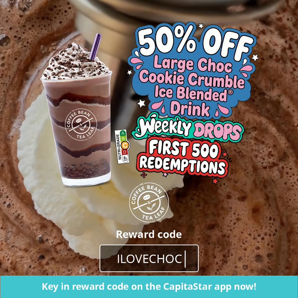 Coffee Bean and Tea Leaf 50% off Large Choc Cookie Crumble Ice Blended Drink promotion