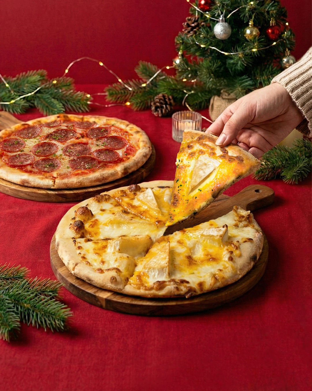 Two delicious pizzas, a Quattro Cheese and a Chicken Pepperoni, ready for holiday sharing.