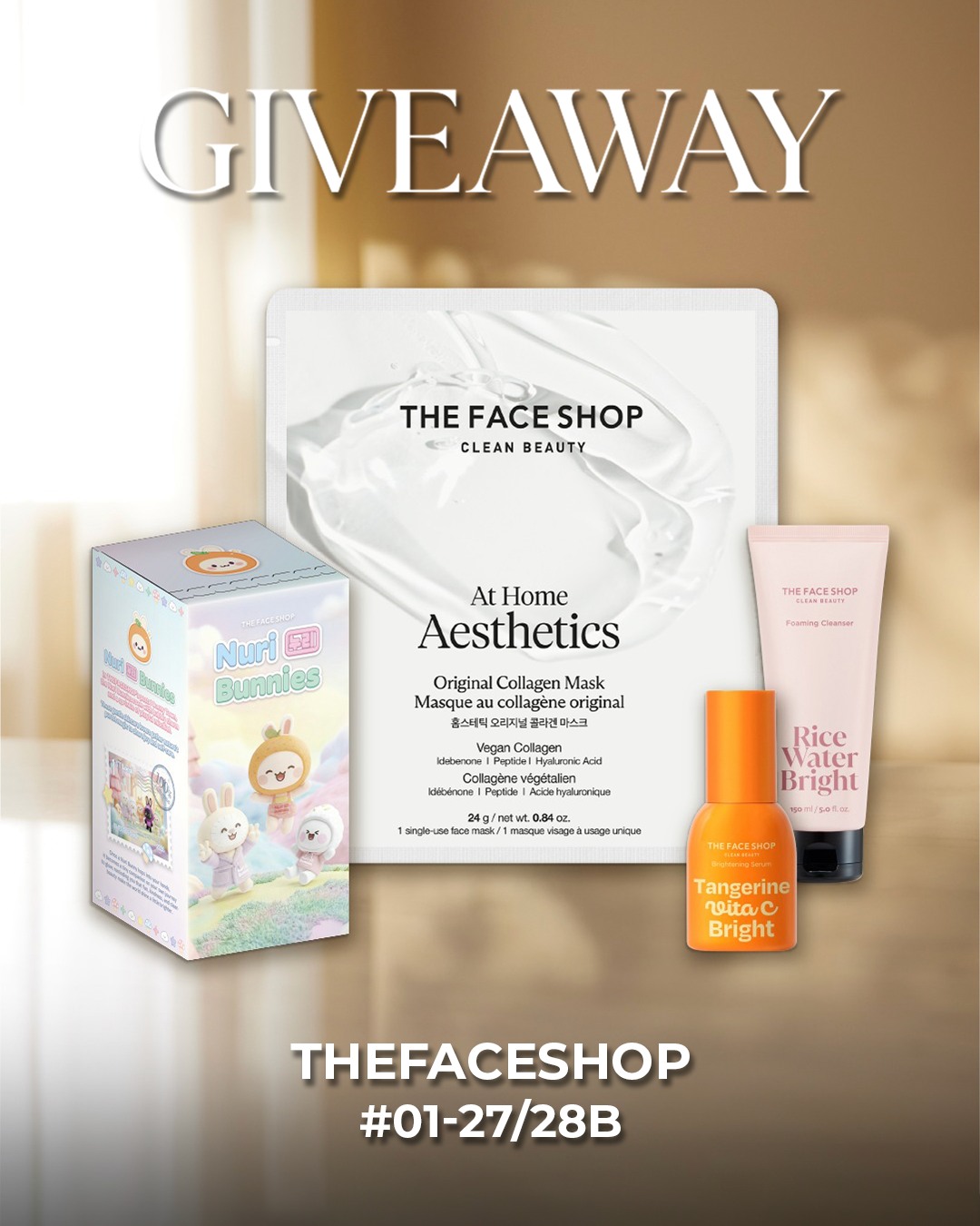 A collection of skincare products from THEFACESHOP Singapore included in the Glow Up Set giveaway.