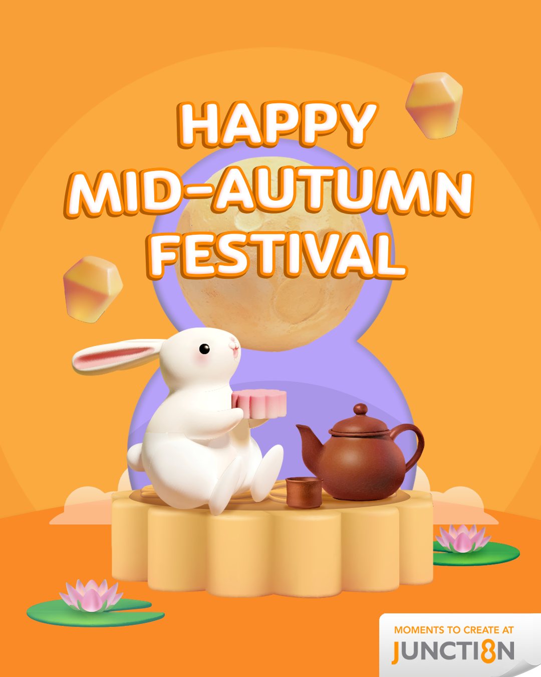 A festive scene depicting mooncakes and Mid-Autumn decorations at Junction 8.