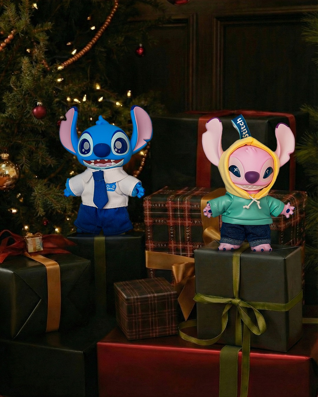 A collection of adorable Stitch figures from the Dress-Up Show Blind Boxes, some in holiday-themed outfits.