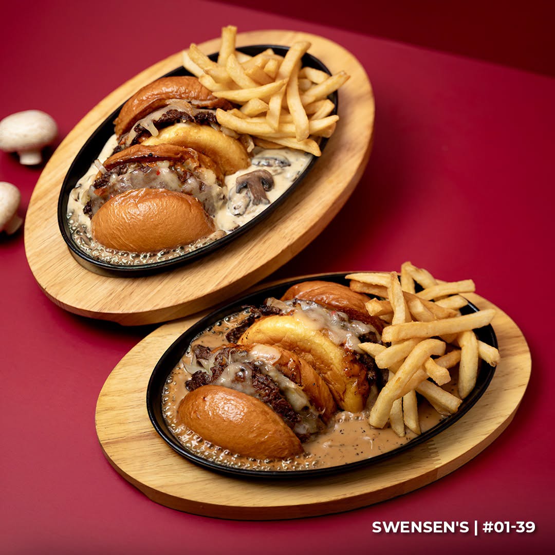 Swensen's burger meals with fries and mushroom sauce