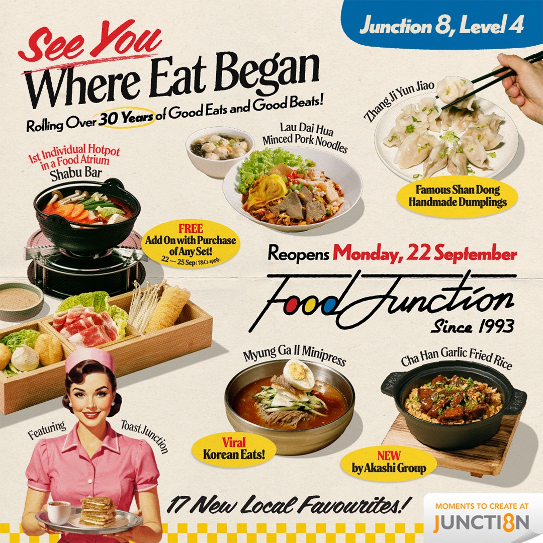 A vibrant Food Junction interior, showcasing a retro diner theme and inviting seating.