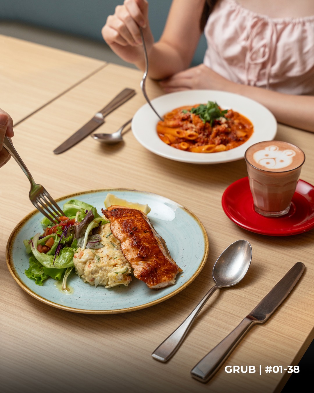 New menu items at GRUB Burger Bistro including pasta and salmon salad