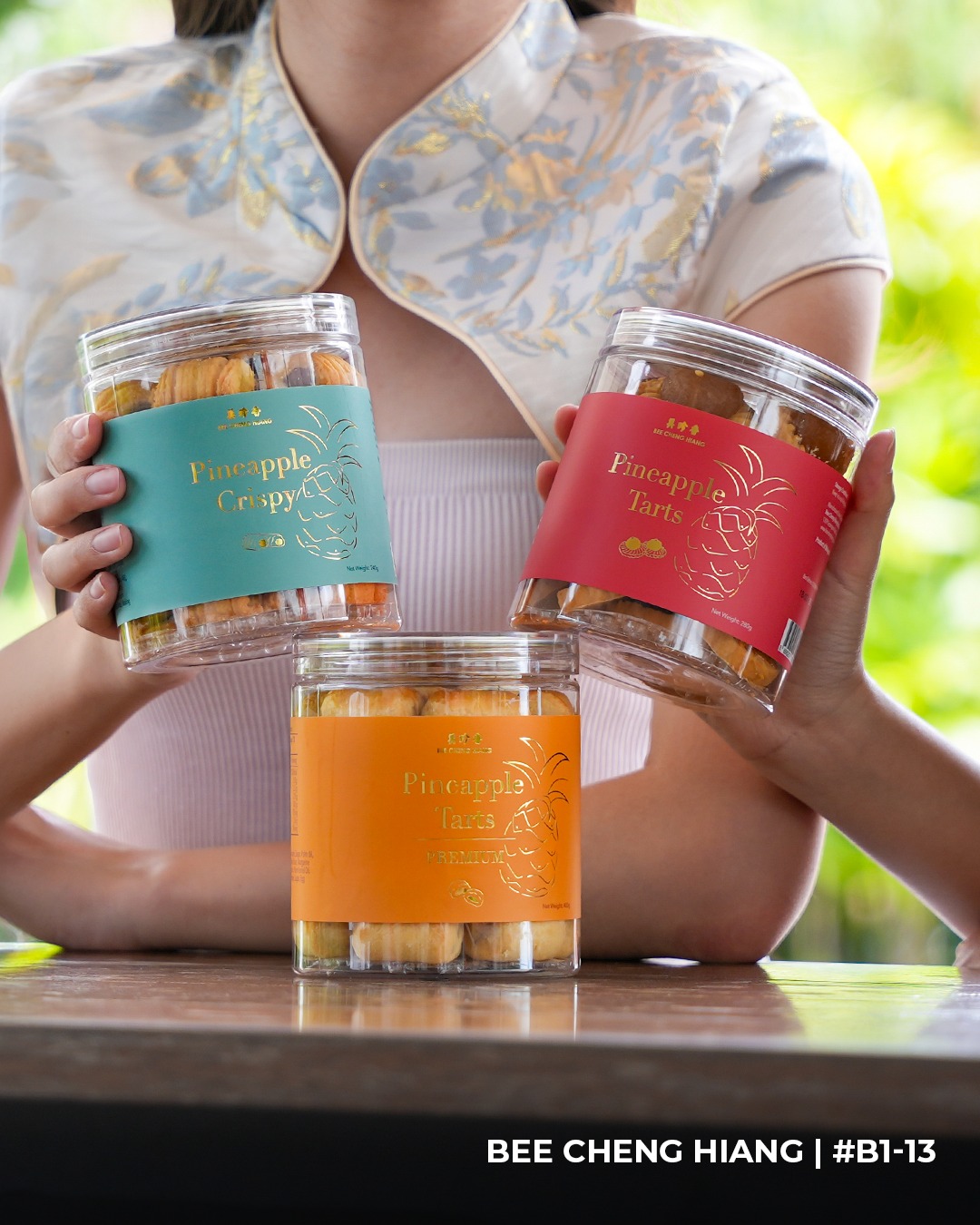 A delicious assortment of Bee Cheng Hiang Chinese New Year pineapple tarts and snacks.