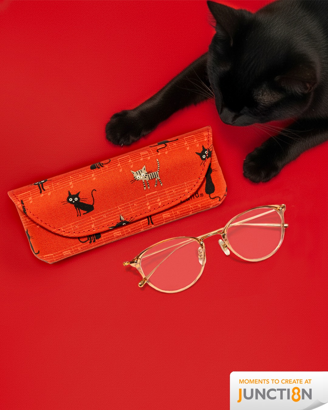Stylish Ruri by ETOS glasses paired with a vibrant red cat-themed eyeglass case.