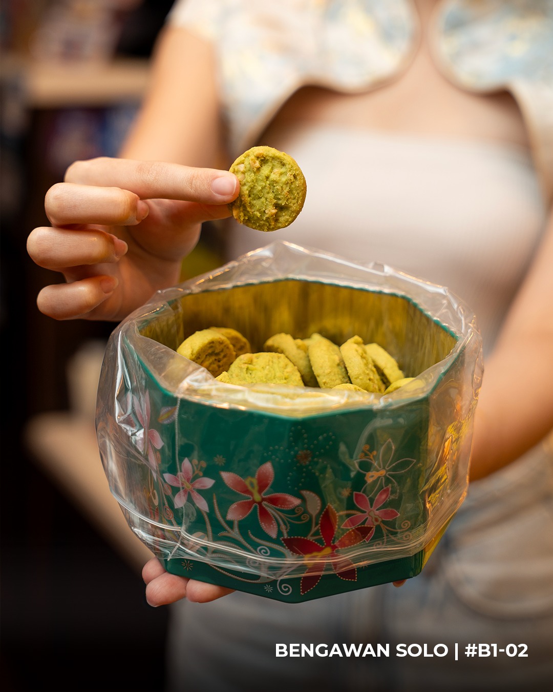 A tin of freshly baked Pandan Almond cookies from Bengawan Solo