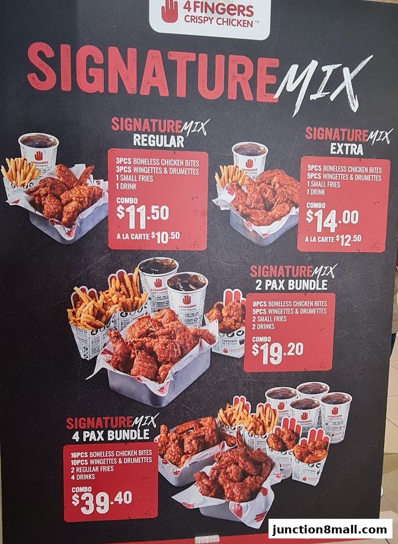 A menu board showcasing various "Signature Mix" chicken combo deals from 4 Fingers Crispy Chicken.