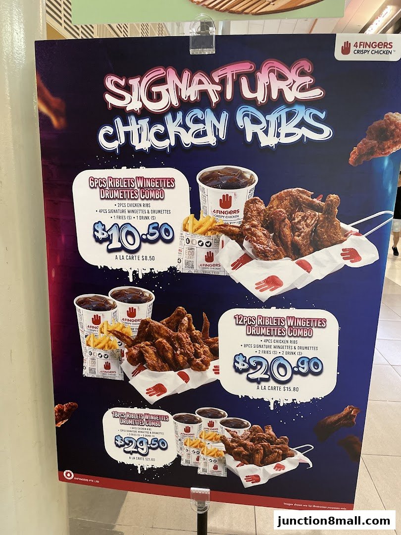 A menu board for 4 Fingers Crispy Chicken featuring signature chicken ribs combos.