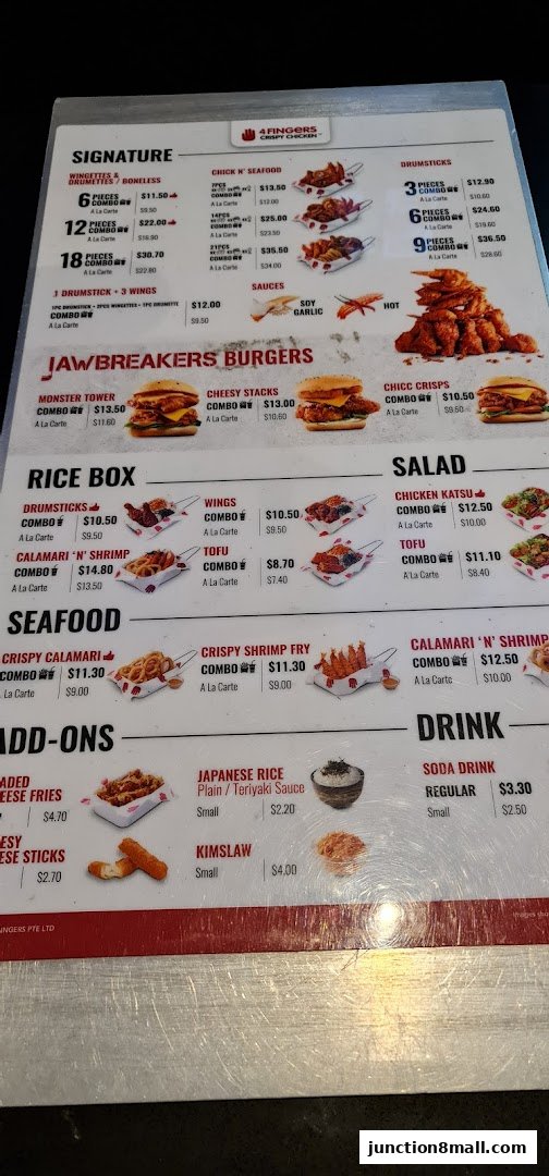 A menu for 4 Fingers Crispy Chicken, featuring signature chicken, burgers, rice boxes, seafood, and drinks.