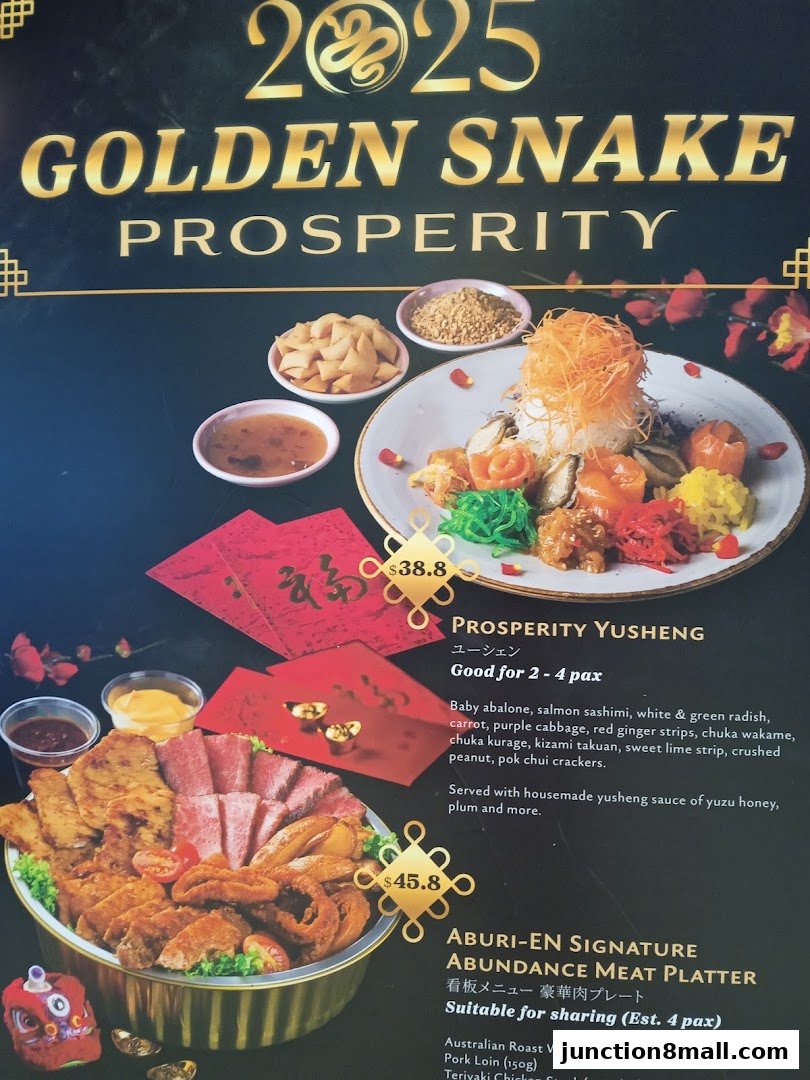 A menu featuring Prosperity Yusheng and Aburi-En Signature Abundance Meat Platter.