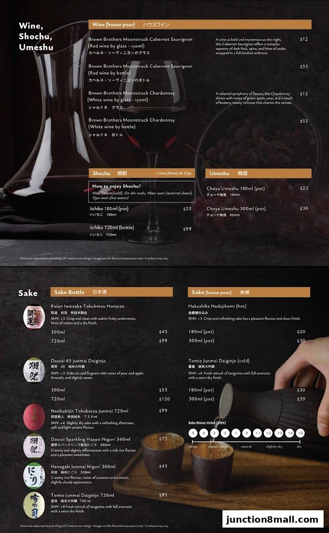 A menu featuring wine, shochu, umeshu, and sake with descriptions and prices.