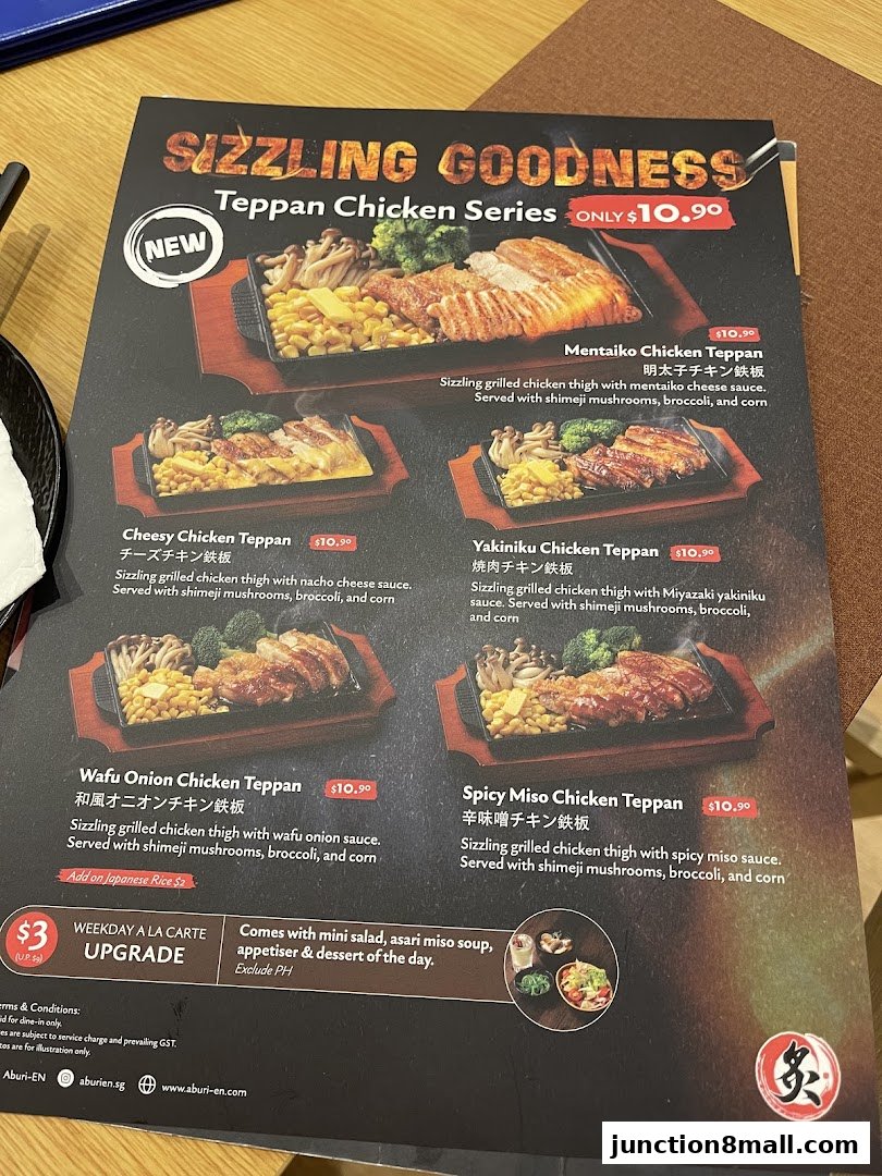 A menu from Aburi-EN showcasing their Teppan Chicken Series with various flavors.
