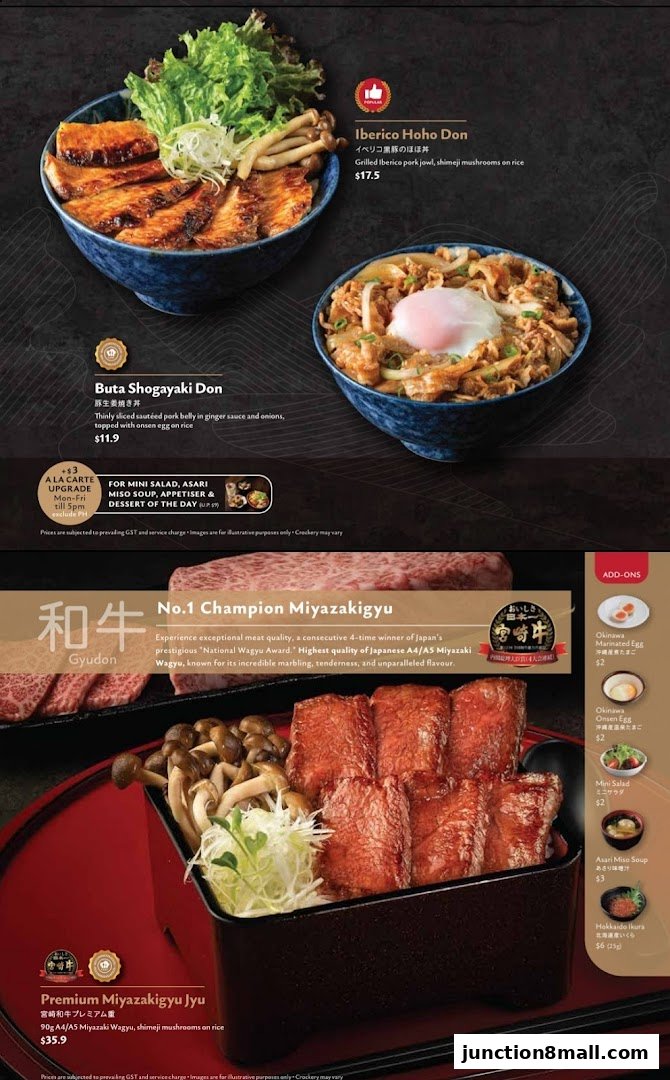 A menu showcasing Japanese rice bowls with pork and wagyu beef, plus add-on options.