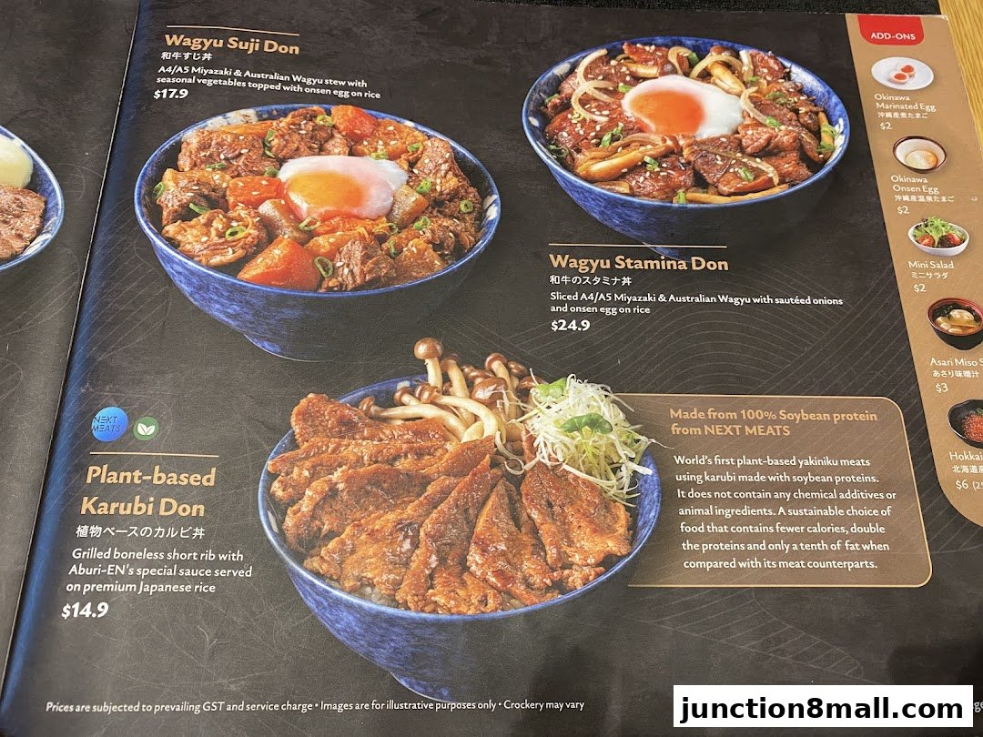 A menu showcasing Wagyu and plant-based dishes with detailed descriptions and prices.