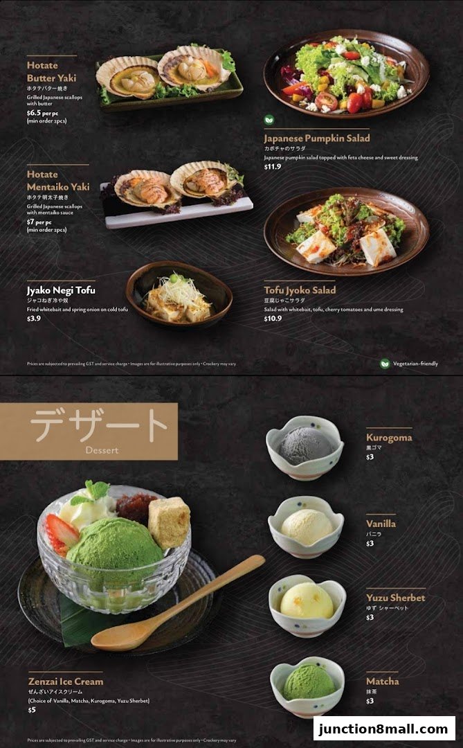 A menu showcasing Japanese dishes including scallops, salads, and desserts like ice cream.