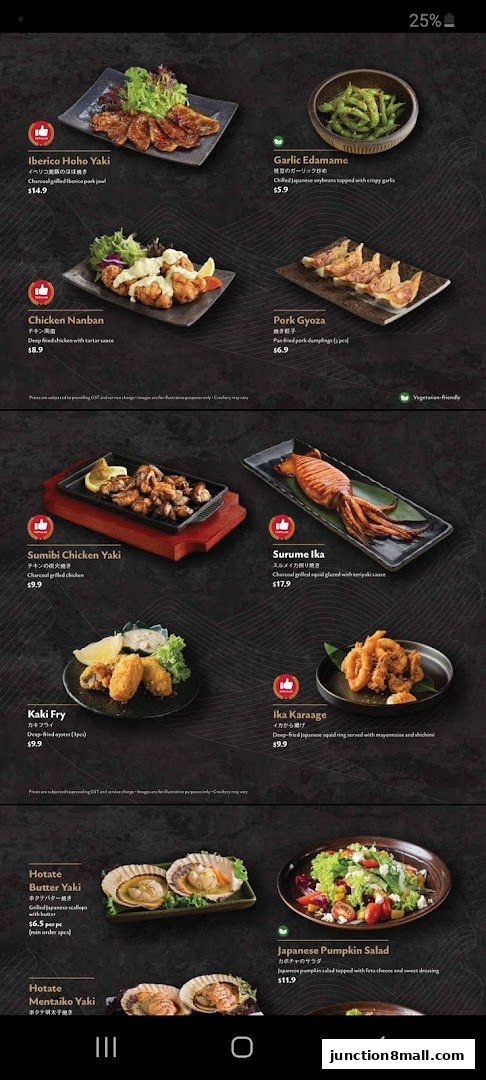A menu showcasing various Japanese dishes with appetizing food photography.