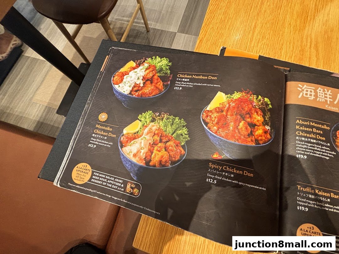 A menu from Aburi-EN featuring various chicken and seafood donburi dishes.