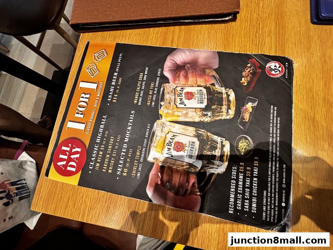 A menu from Aburi-EN featuring a '1 FOR 1' promotion on drinks and recommended sides.