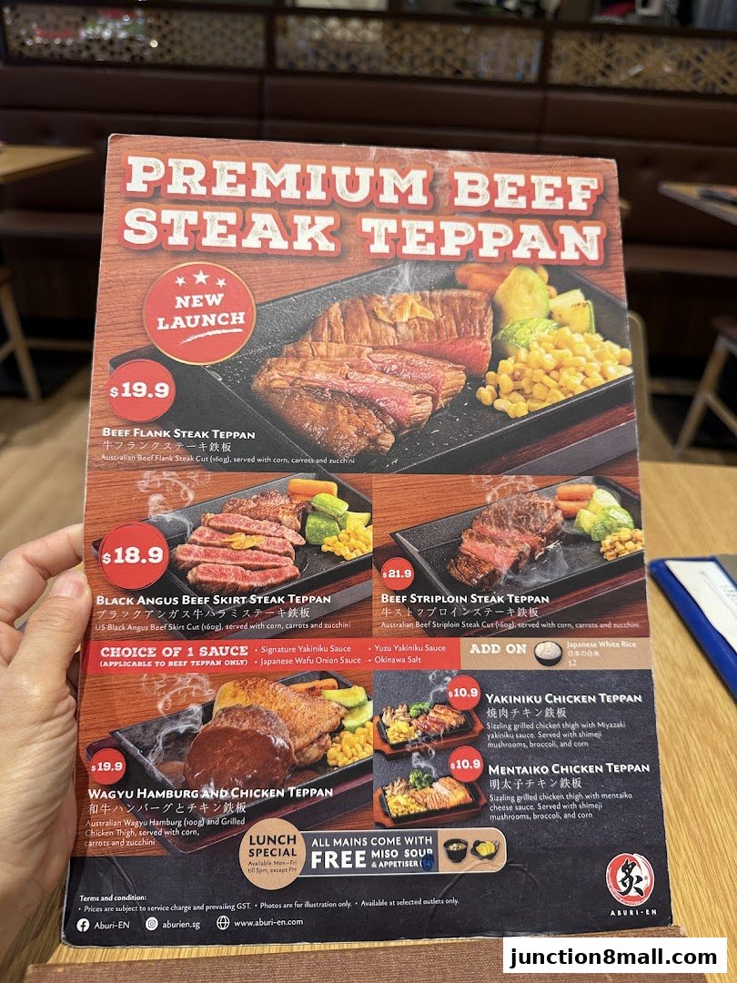 A menu showcasing premium beef steak teppan dishes with prices and descriptions.