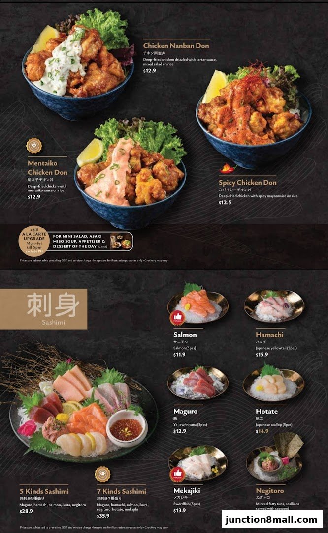 A menu showcasing Japanese dishes including chicken dons and various sashimi platters.