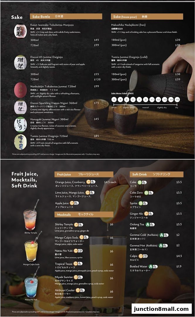 A menu featuring sake, fruit juices, mocktails, and soft drinks with prices and descriptions.