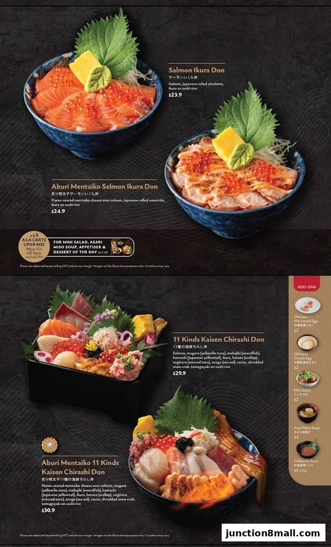 A menu showcasing various Japanese donburi dishes with fresh seafood and toppings.