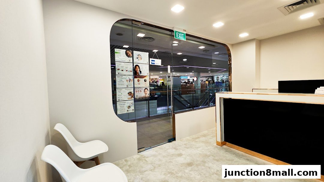 The entrance to Advanced Dental Bishan, featuring a glass door, reception desk, and waiting chairs.