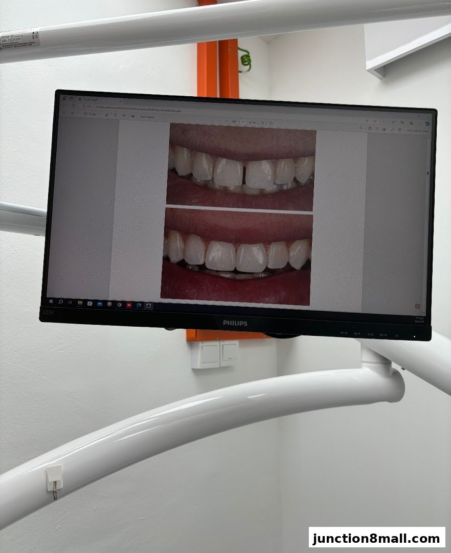 A computer monitor displays before and after images of dental work on teeth.