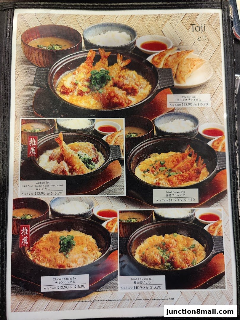 A menu page from Ajisen Ramen showcasing various Toji dishes with appetizing food photography.