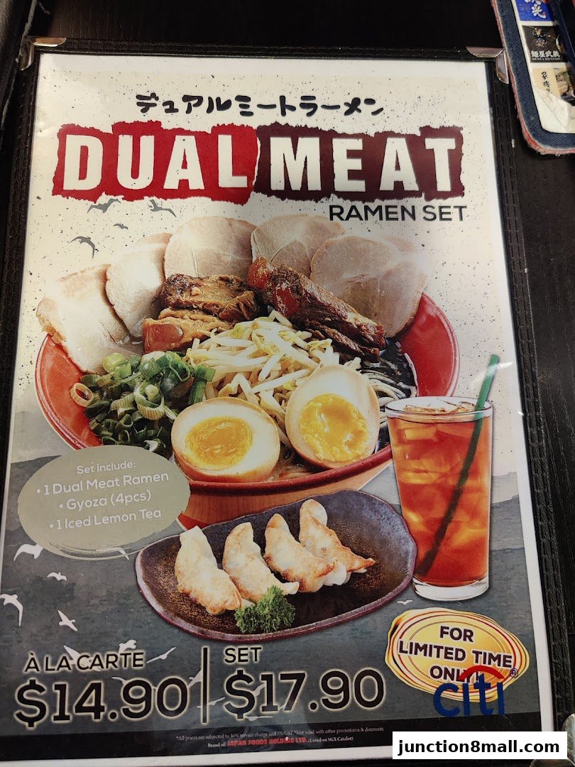 A menu featuring a Dual Meat Ramen Set with ramen, gyoza, and iced lemon tea.