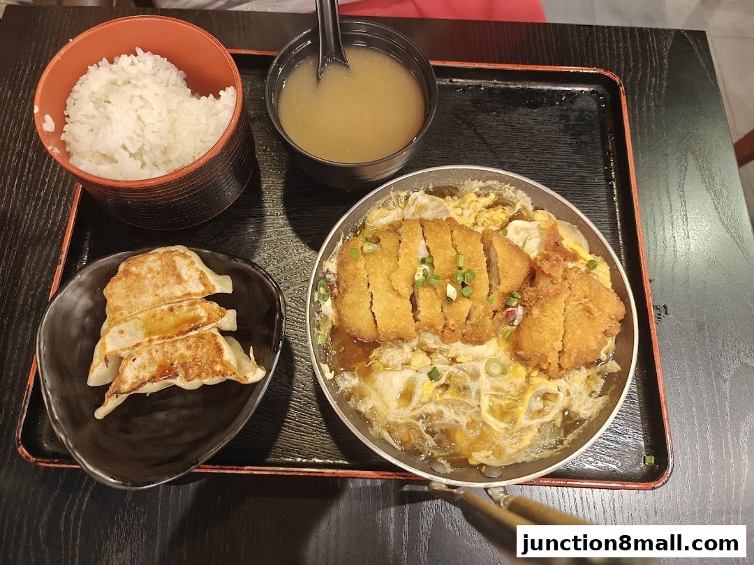 A delicious Japanese meal featuring katsudon, miso soup, rice, and gyoza.