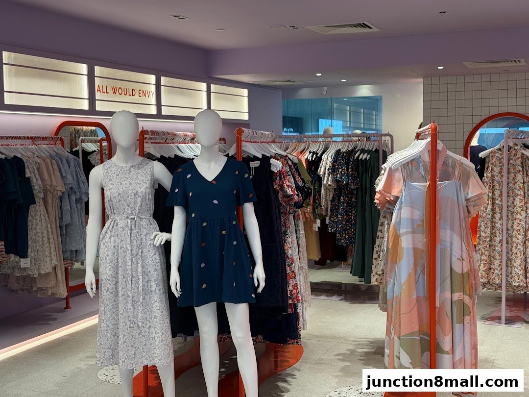 Mannequins display stylish dresses inside a brightly lit clothing store.