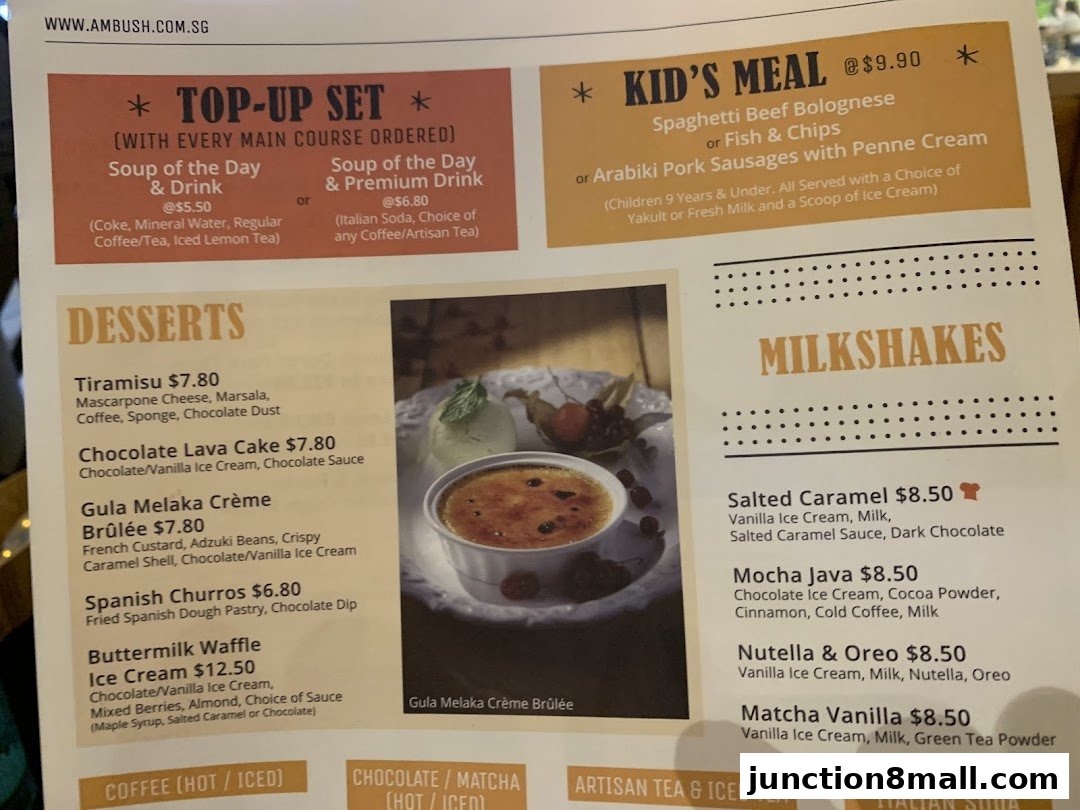 A menu from Ambush featuring desserts, milkshakes, and kid's meals with prices and descriptions.