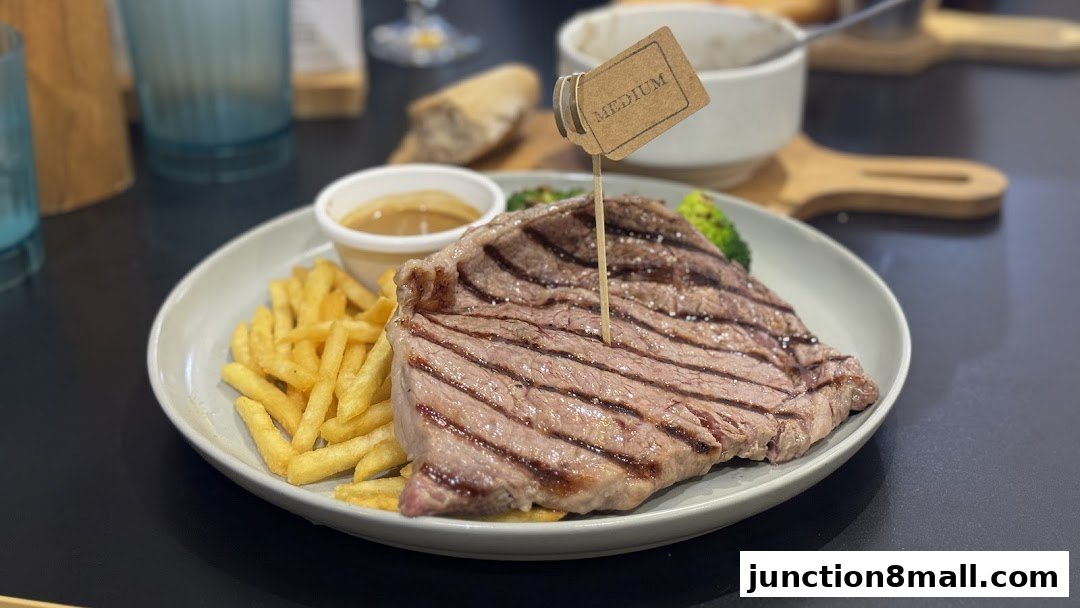 A perfectly grilled steak with fries and a side of sauce, served on a plate.