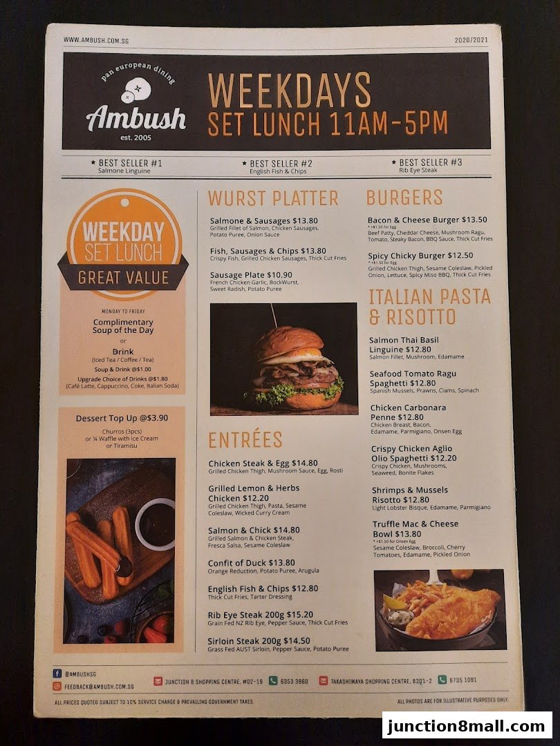 A menu for Ambush restaurant featuring weekday set lunch options and various dishes.
