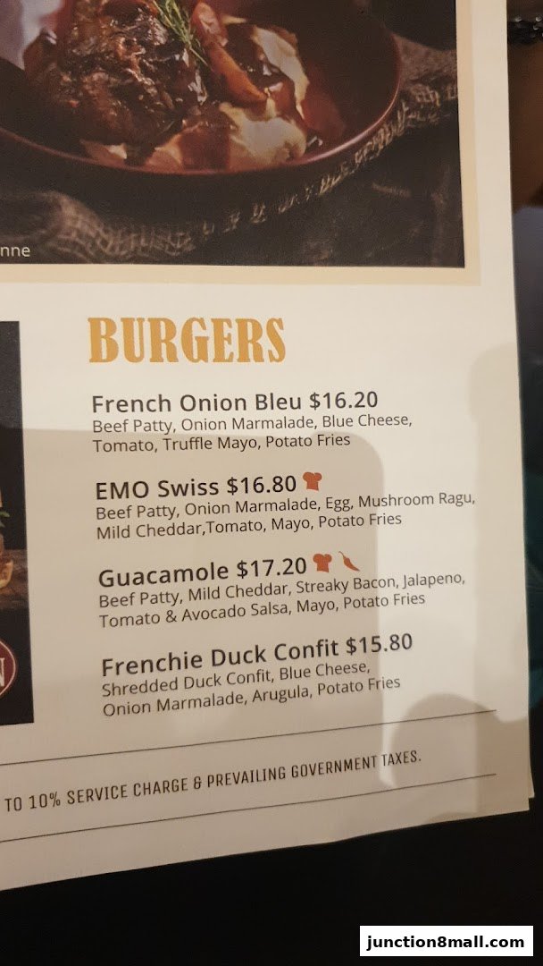 A menu page featuring a selection of gourmet burgers with detailed descriptions and prices.