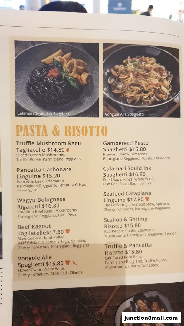 A menu featuring pasta and risotto dishes with enticing descriptions and prices.