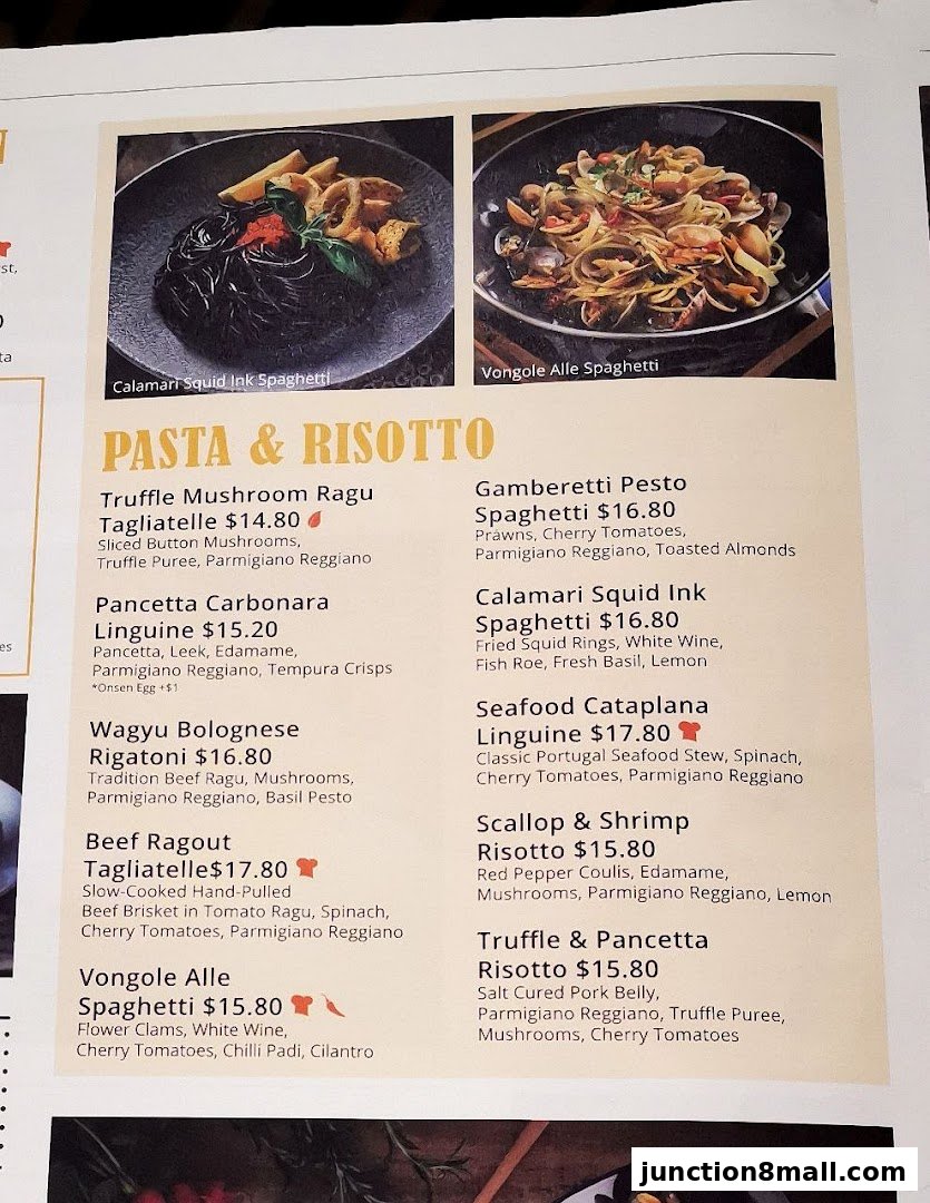 A menu featuring pasta and risotto dishes with enticing descriptions and prices.