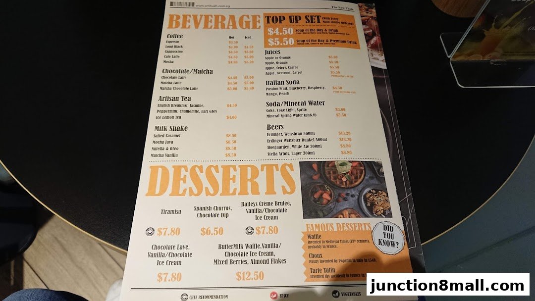 A menu featuring beverages and desserts with prices and descriptions.