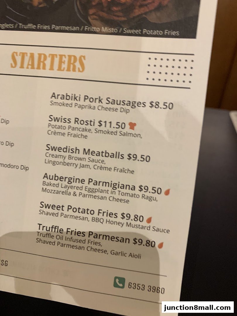 A menu featuring starters like pork sausages, rosti, meatballs, and fries.