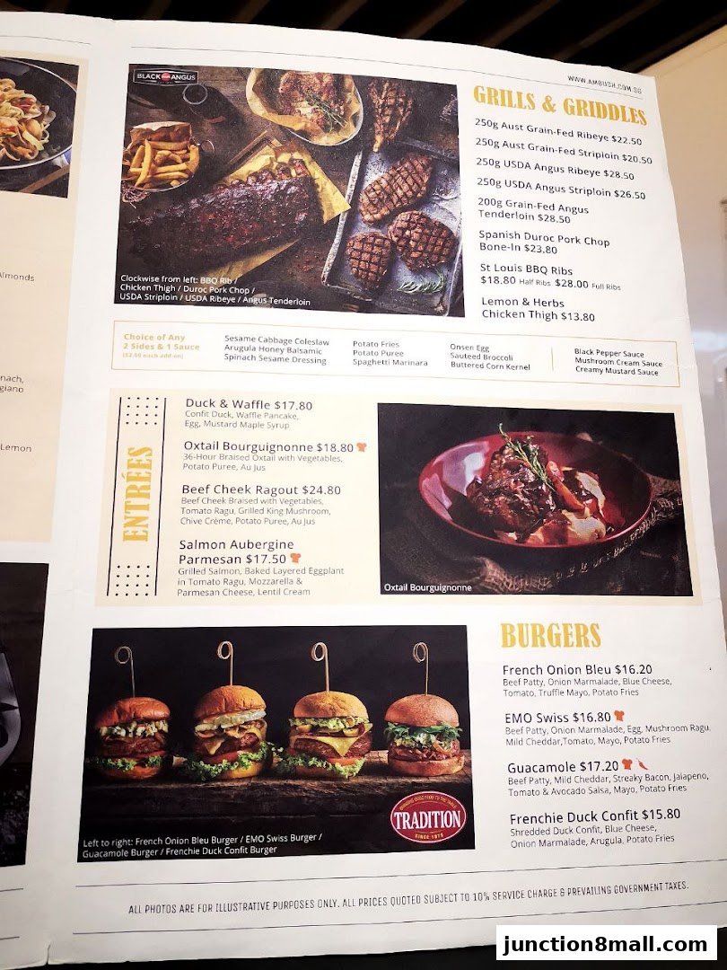 A menu from Ambush featuring grills, entrees, and burgers with appealing food photography.
