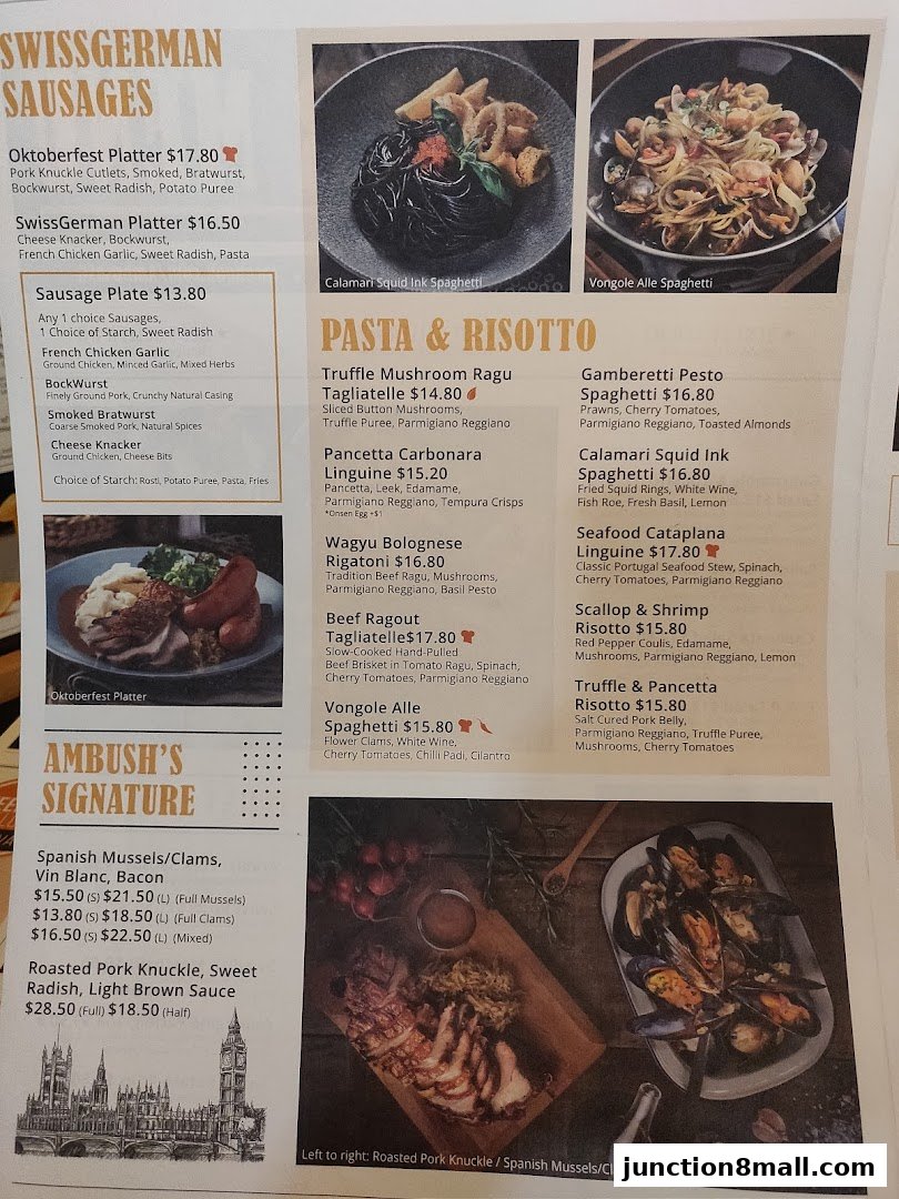 A menu featuring Swiss German sausages, pasta, risotto, and signature dishes with accompanying images.