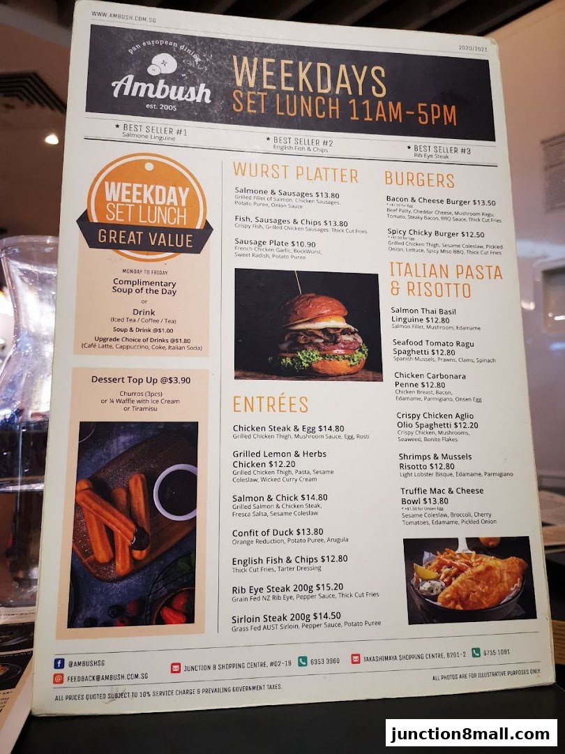 A menu from Ambush restaurant featuring weekday set lunch options and various dishes.