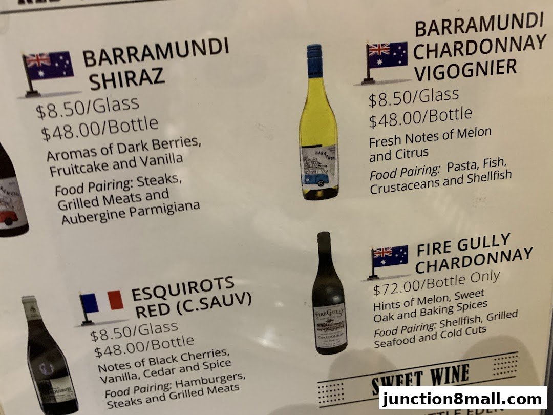 A menu displaying various wines with their prices, descriptions, and food pairings.