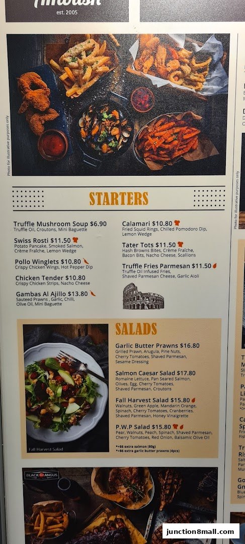 A menu from Ambush restaurant featuring starters and salads with appealing food photography.